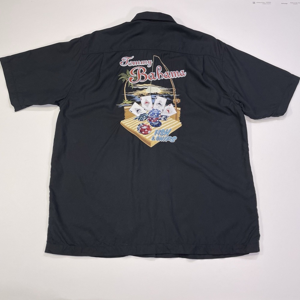 Tommy Bahama Silk Camp Shirt Poker Cards Chips Black Short Sleeve Men's XL Fish